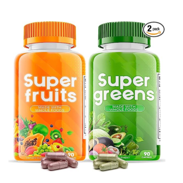 Súper Suplementos de Frutas y Vegetales – Superalimentos Integrales Orgánicos Vitaminas y Minerales – 90 Cápsulas de Verduras y 90 Frutas para Mujeres, Hombres y Niños.