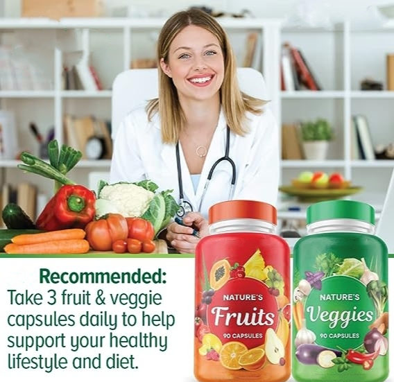 Supplément de fruits et légumes - 90 capsules de fruits et 90 capsules végétales - 100% de superaliments naturels entiers - Rempli de vitamines et de minéraux.