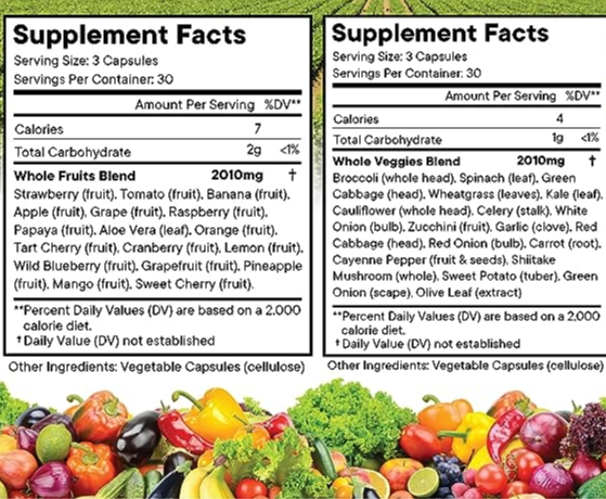 Supplément de fruits et légumes - 90 capsules de fruits et 90 capsules végétales - 100% de superaliments naturels entiers - Rempli de vitamines et de minéraux.